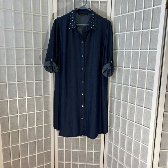 Mlle Gabrielle Navy Blue Shirt Dress, Silver studs and buttons, XL - Picture 2 of 9